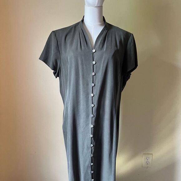 Vintage Talbots 100% Silk Maxi Dress Olive Green Minimalist Quiet Luxury 18 - Picture 2 of 9